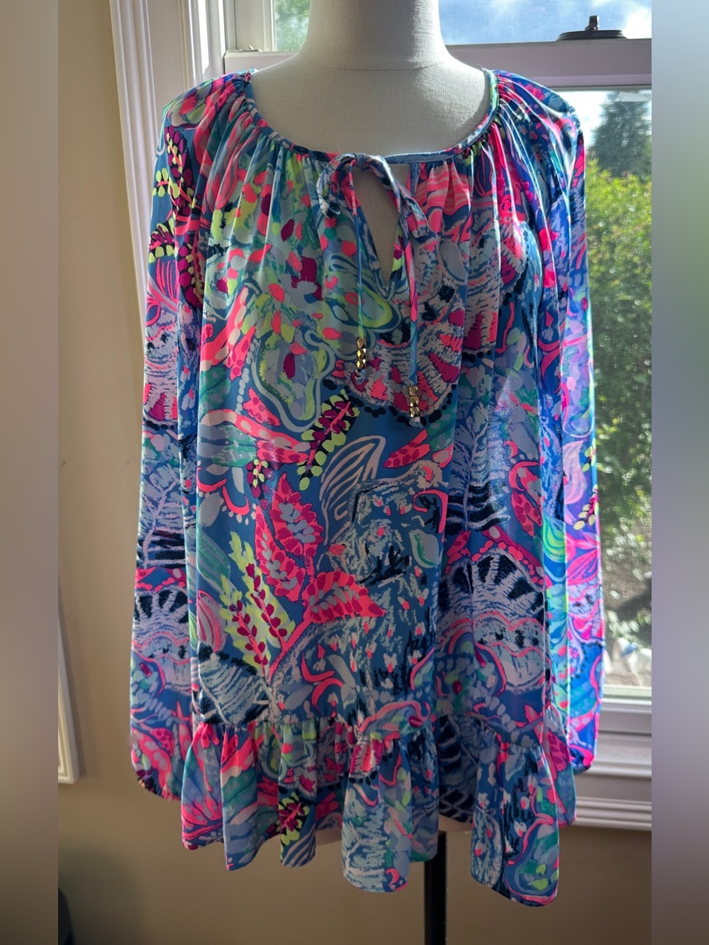 Lilly Pulitzer Tensley Top Blouse Fantasy Garden Size XL Ruffle Long Sleeves